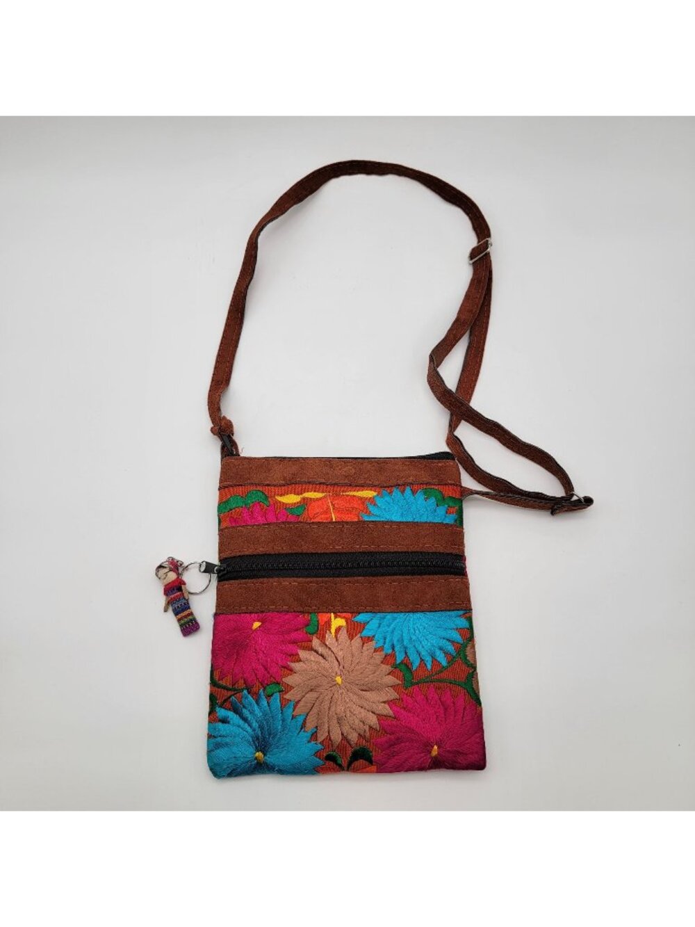 Handcrafted Guatemalan Embroidered Floral & Leather Crossbody Bag Worry Doll Zip